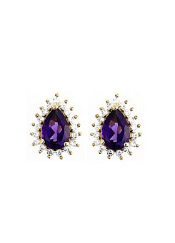 9ct Yellow Gold Pear Amethyst & 0.17ct Diamond Cluster Stud Earrings