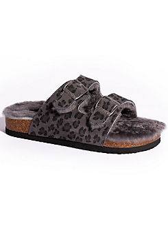 Bedroom Athletics Grey Leopard Mabel Two-Strap Slipper Sandals