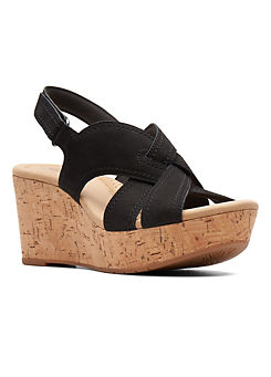 Clarks Collection Rose Erin Black Wide E Fitting Nubuck Leather Wedge Sandals