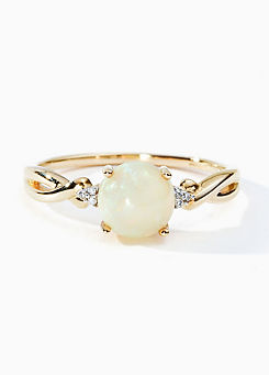 Colour Collection 9ct Yellow Gold 7mm Round Cabochon Opal & Diamond Ring