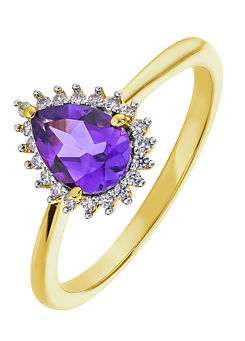 Colour Collection 9ct Yellow Gold Amethyst and 0.10ct Diamond Ring