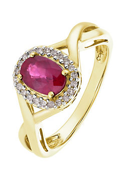 Colour Collection 9ct Yellow Gold Treated Ruby and 0.11ct Diamond Ring
