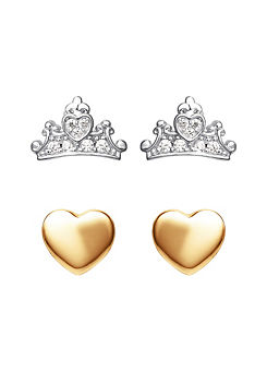 Disney Princess Sterling Silver & Rose gold plated Crown & Heart Earrings