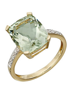 Elements Gold 9ct Gold Green Amethyst Statement Ring with Diamond Shoulder