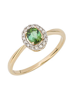 Elements Gold 9ct Gold Green Tourmaline with Diamond Surround Ring