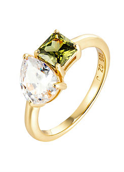 For You Collection 18Ct Gold Plated White And Peridot Toi Et Moi Cubic Zirconia Ring
