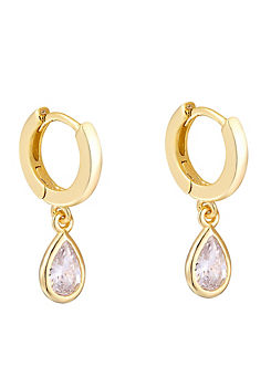 For You Collection 18ct Gold Plated Sterling Silver Teardrop CZ Charm Huggie Earrings