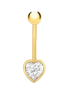 For You Collection 9ct Gold Heart Rubover Cubic Zirconia Belly Button Bar