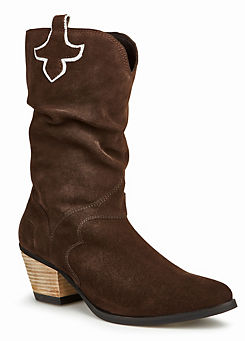 Freemans Chocolate Suede Slouch Cuban Heel Western Boots