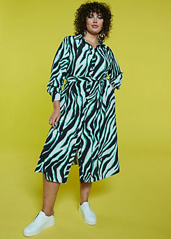 Freemans Green Zebra Print Midi Shirt Dress