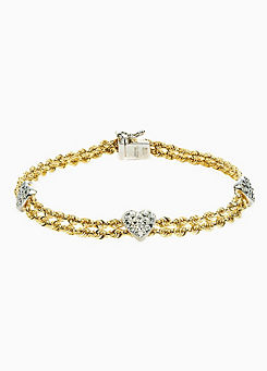 Gorgeous Gold 9ct Yellow Gold & Sterling Silver Bonded Double Rope & Hearts Bracelet 7.5 Inches