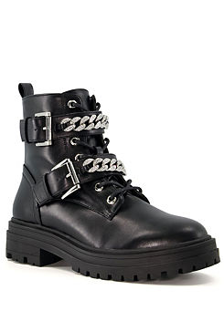 Head Over Heels By Dune Black Peep Embellished Chain Lace Up Low Boots