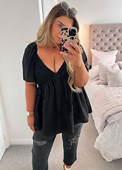 In The Style X Black Crochet Front Peplum Top