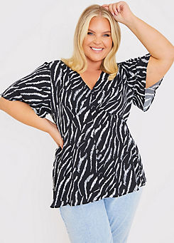In The Style X Black Zebra Plunge Button Front Blouse with Shirred Cuffs