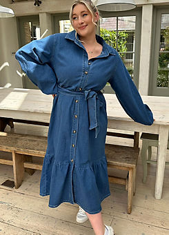 In The Style X Blue Denim Belted Tiered Midaxi Shirt Dress