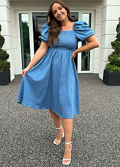 In The Style x Jac Jossa Blue Chambray Shirred Balloon Sleeve Maxi Dress