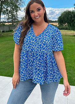 In The Style x Jac Jossa Blue Floral Print Smock Top With Puff Sleeves
