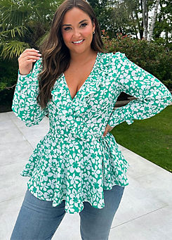 In The Style x Jac Jossa Green Floral Print Frill Neck Wrap Front Top