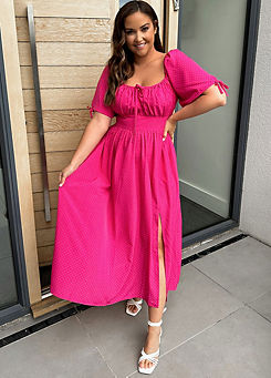 In The Style x Jac Jossa Pink Polka Dot Puff Sleeve Sweetheart Midi Dress