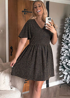 In The Style x Stacey Solomon Black Foil Print Puff Sleeve Skater Dress