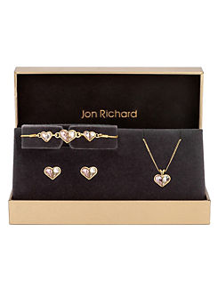 Jon Richard Gold Plated Pink & Crystal Heart Trio Set - Gift Boxed