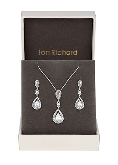 Jon Richard Silver Plated Clear Crystal Pave 3 Tier Pear Drop Matching Set - Gift Boxed