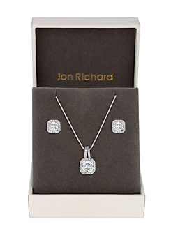 Jon Richard Silver Plated Crystal Square Drop Matching Pendant & Earrings Set - Gift Boxed