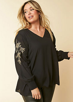 Kaleidoscope Black Top With Gold Embellished Detail