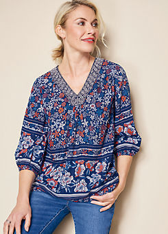 Kaleidoscope Border Print Floral Boho Blouse with Embroidery