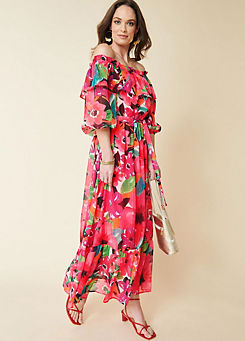 Kaleidoscope Floral Metallic Thread Bardot Print Dress