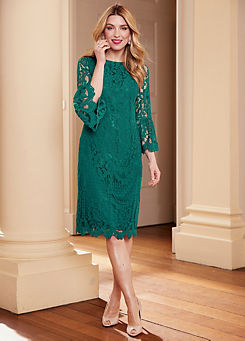 Kaleidoscope Forest Green Lace Fluted Sleeve Dress