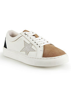 Kaleidoscope Wide Fitting White Leather Silver Glitter Star Trainers