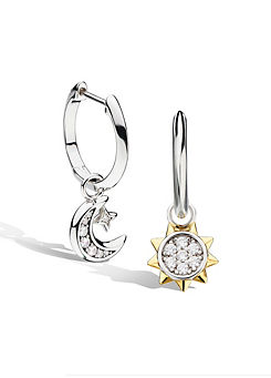 Kit Heath Rhodium Plated Sterling Silver, 18ct Gold Plate and Pavé Cubic Zirconia Céleste Sun & Moon Hoop Drop Earrings