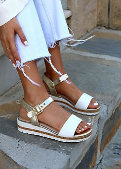 Linzi Camilla White & Gold Wedged Sandals