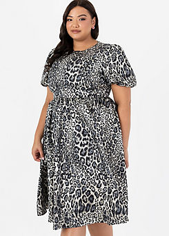 Lovedrobe Luxe Fit & Flare Dress with Puff Sleeve in Animal Metallic Jacquard