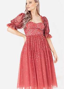 Maya Deluxe Tulle Midi Dress With Scatter Sequin & Puff Sleeve