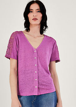 Monsoon Button Through Lace Linen T-Shirt