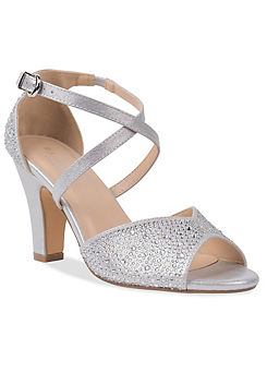 Paradox London Kesha Silver Shimmer Block Heel Ankle Strap Sandals