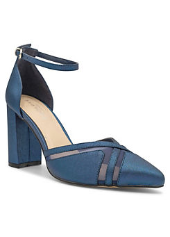 Paradox London Navy Shimmer ’Rhea’ High Block Heel Ankle Strap Court Shoes