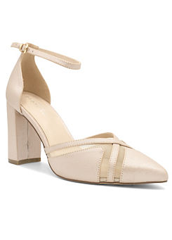 Paradox London Nude Shimmer ’Rhea’ High Block Heel Ankle Strap Court Shoes