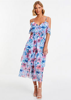 Quiz Blue & Pink Floral Chiffon Cold Shoulder Tiered Midi Dress