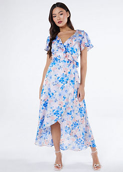 Quiz Blue & Pink Floral Chiffon Wrap Frill Midaxi Dress