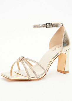 Quiz Wide Fit Gold Diamante Knot Front Block Heeled Sandals