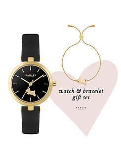 Radley London Ladies Black T-Bar Leather Strap Watch with Pale Gold Twist Chain Friendship Bracelet
