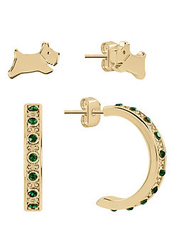 Radley London Ladies Iconic 18ct Gold Plated Jumping Dog & Green Stone Set Hoop Twin Pack Earrings