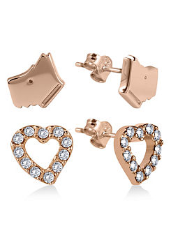 Radley London Love Ladies Sterling Silver 18ct Rose Gold Plated Twin Pack Dog & Stone Set Heart Studs