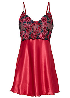 Rose Embroidered Satin Negligee