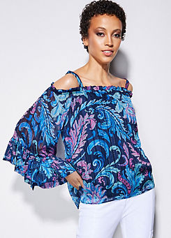 STAR by Julien Macdonald Bardot Printed Top with Frill Sleeve & Detachable Straps