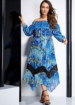STAR by Julien Macdonald Blue Print Bardot Pleated Lace Trim Chiffon Midaxi Dress