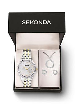 Sekonda Exclusive Ladies Two Tone Stainless Steel Bracelet Analogue 29mm Watch, Earrings & Pendant Gift Set